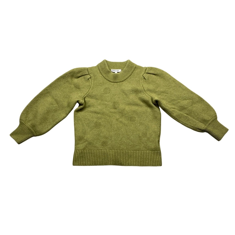 Madewell Olive Green Puff Sleeve Polka Dot Sweater Cotton Merino Wool XS‎ Boho